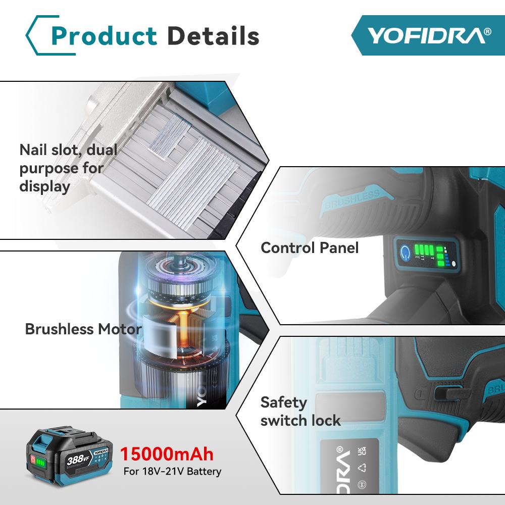 Yofidra Brushless 30mm Electric Nail Gun 2in1 Nailer/Stapler Gun Cordless Framing Nailer Tacker Tool For Makita 18V Battery Pins