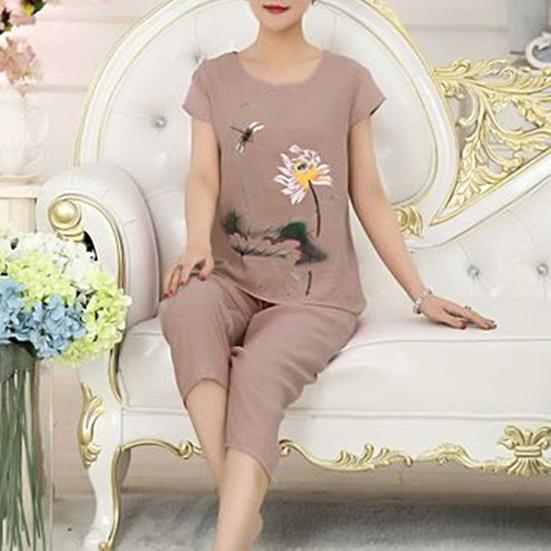 Middle-aged and Elderly Pajamas Women's Summer Suits Summer Tops T-shirts Pants Two-piece Home Clothes