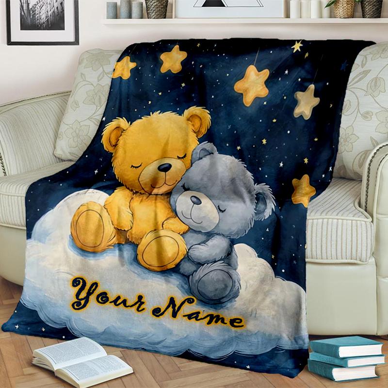 1PC Custom Name "Teddy Bears Cloud Night Sky" blanket versatile,all-season throw suitable for the living room,bedroom,camping,travel,and gift