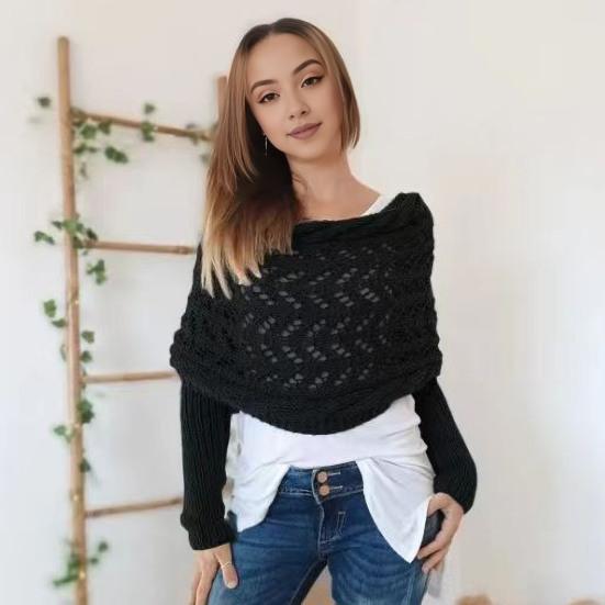 Knitted Cable Wrap with Sleeves Solid Color Hollow Twist Crochet Pattern Women Shawl Scarf