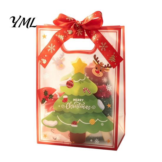 Clear Christmas Gift Bags with Handles, Reusable PP Treat for Eve Candy Apples Cookies, Holiday Party Favor Packaging Ribbon Bow Decorative Holidays