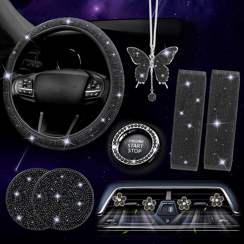 ARTILAURA 11 PCS Bling Car Accessories Set For Women Steering Wheel Covers Butterfly Hanging Seat Belt Cover Air Vent Clips Coasters Cute Glitter