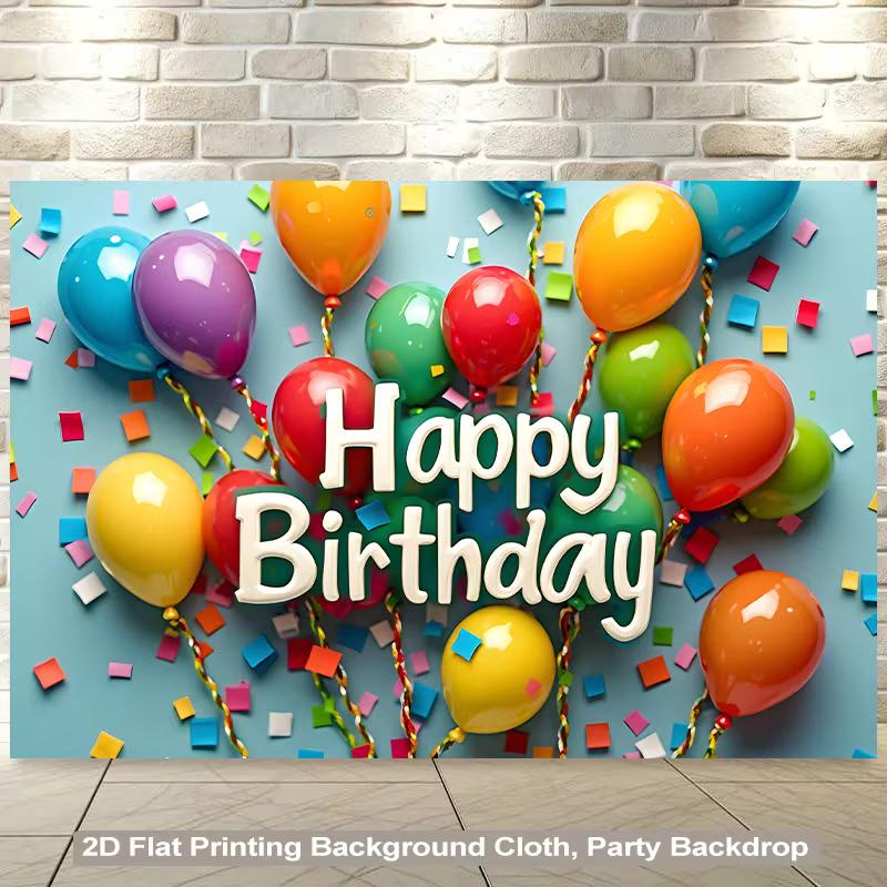 2D Colorful Party Backdrop, Rainbow Balloons & Confetti for Birthday Photoshoot
