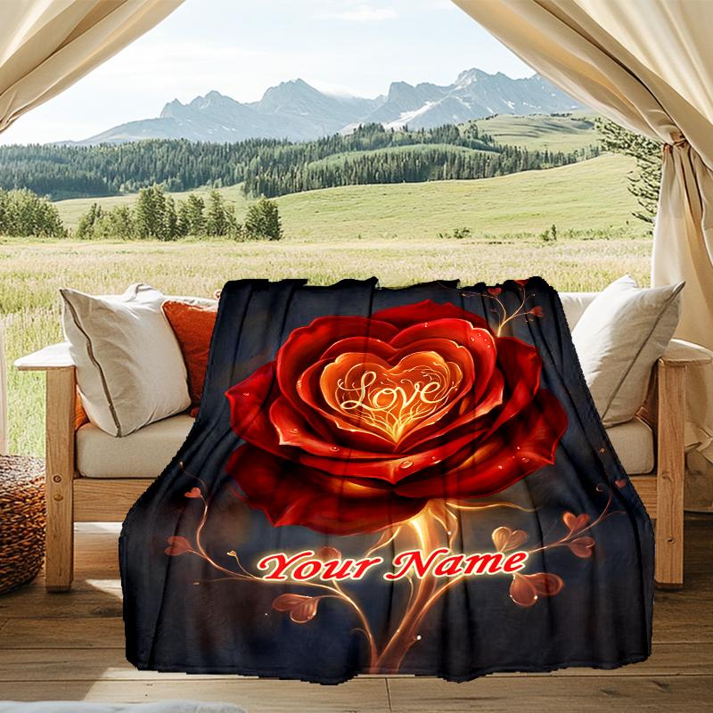 1PC Custom Name Love Bloom flannel blanket versatile,all-season throw suitable for the living room,bedroom,camping,travel,and gift