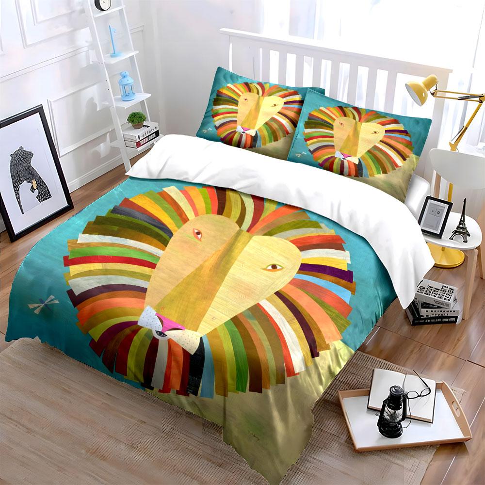 Colorful Lion Art Decor Set Bedding Set with 1 Duvet Cover 2 Pillowcases Single Double King Queen, Gift
