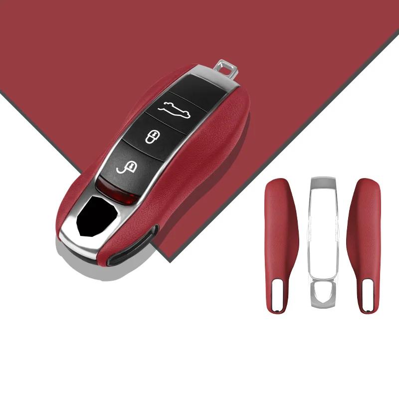 AABKV1 Luxury Genuine Leather for Porsche Boxster Cayman Panamera Cayenne Macan 718/911 Taycan Car Key Case Cover Protective Keychain