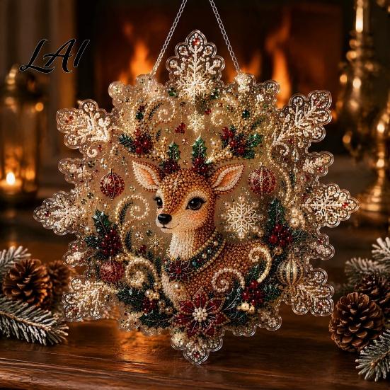 Festive Wall Hanging Ornament Christmas Faux Pearl Painting Suncatcher Kit Acrylic Snowflake Shaped Board with Lace Crystal Beading Craft Set