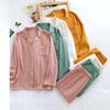 Couple's Cotton Crepe Double Layer Gauze Pajamas Men and Women Large Size Sleepwear Long Sleeve Solid Pyjamas Two Piece Set