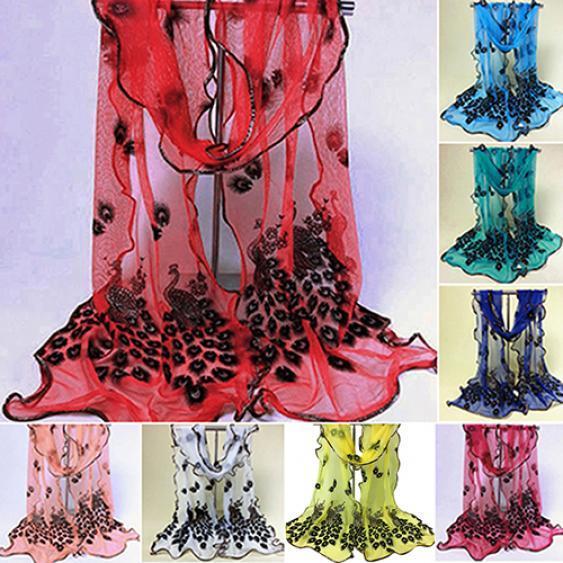 Women Peacock Flower Embroidered Lace Scarf Long Soft Wrap Shawl