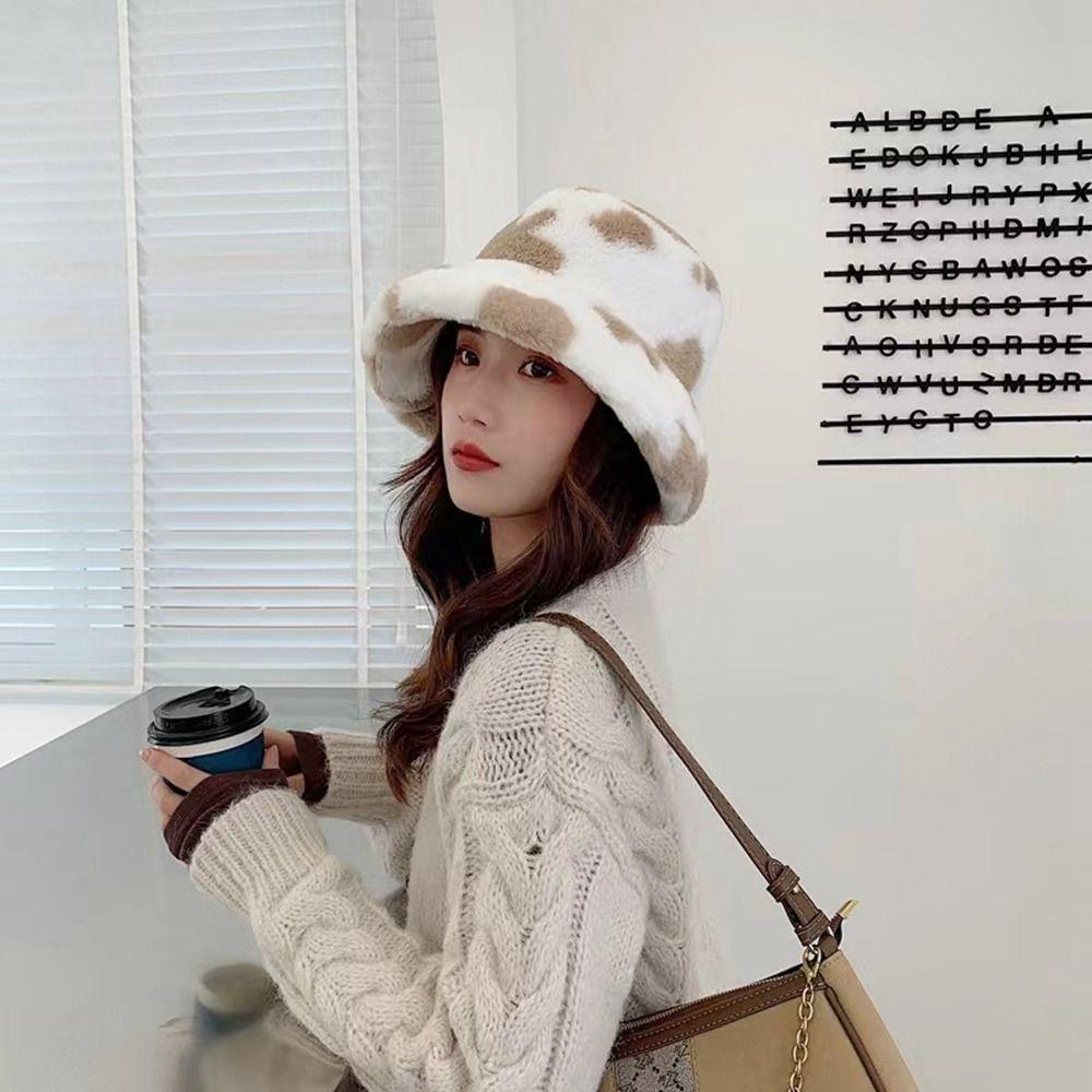 Ski Hat Cow Pattern Panama Hats Flannel Bucket Hat Korean Style Caps Cow Print Caps Female Hats