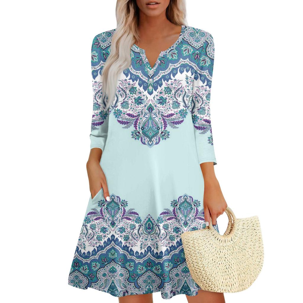 Женское летнее платье, свободное платье с V-образным вырезом, рукавом три четверти и карманами