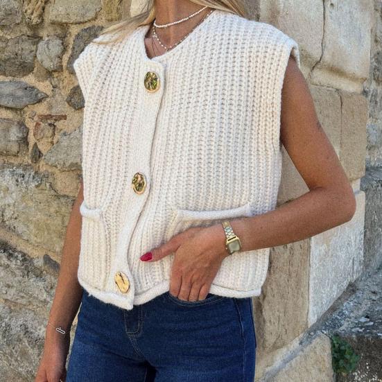 Women Sweater Vest V-neck Sleeveless Button Down Cardigan with Pockets Solid Color