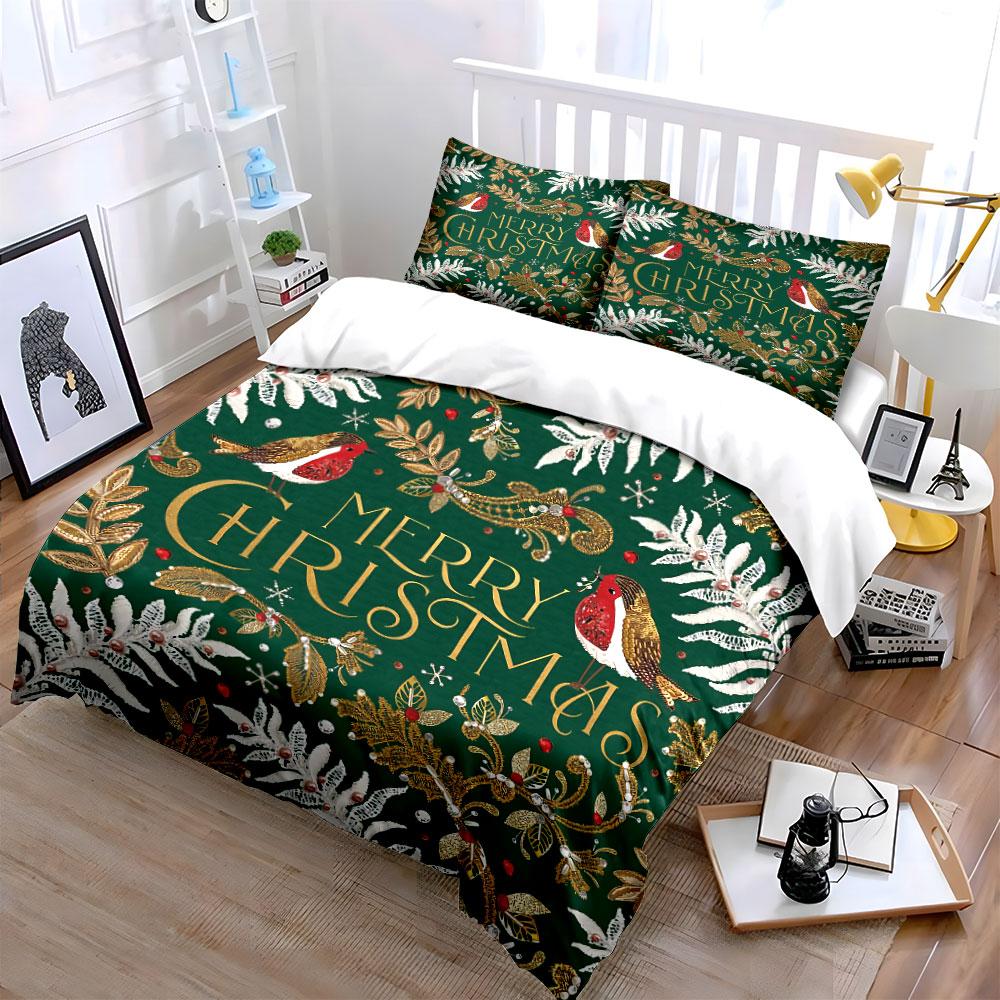 Christmas Birds and Leaves Print Bedding Duvet Cover Set Duvet Cover Pillowcases (1*Duvet Cover 2*Pillowcases, without duvet insert)