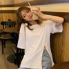 2025 Korean Style Women’s Oversized White Slit T-Shirt with Short Sleeves