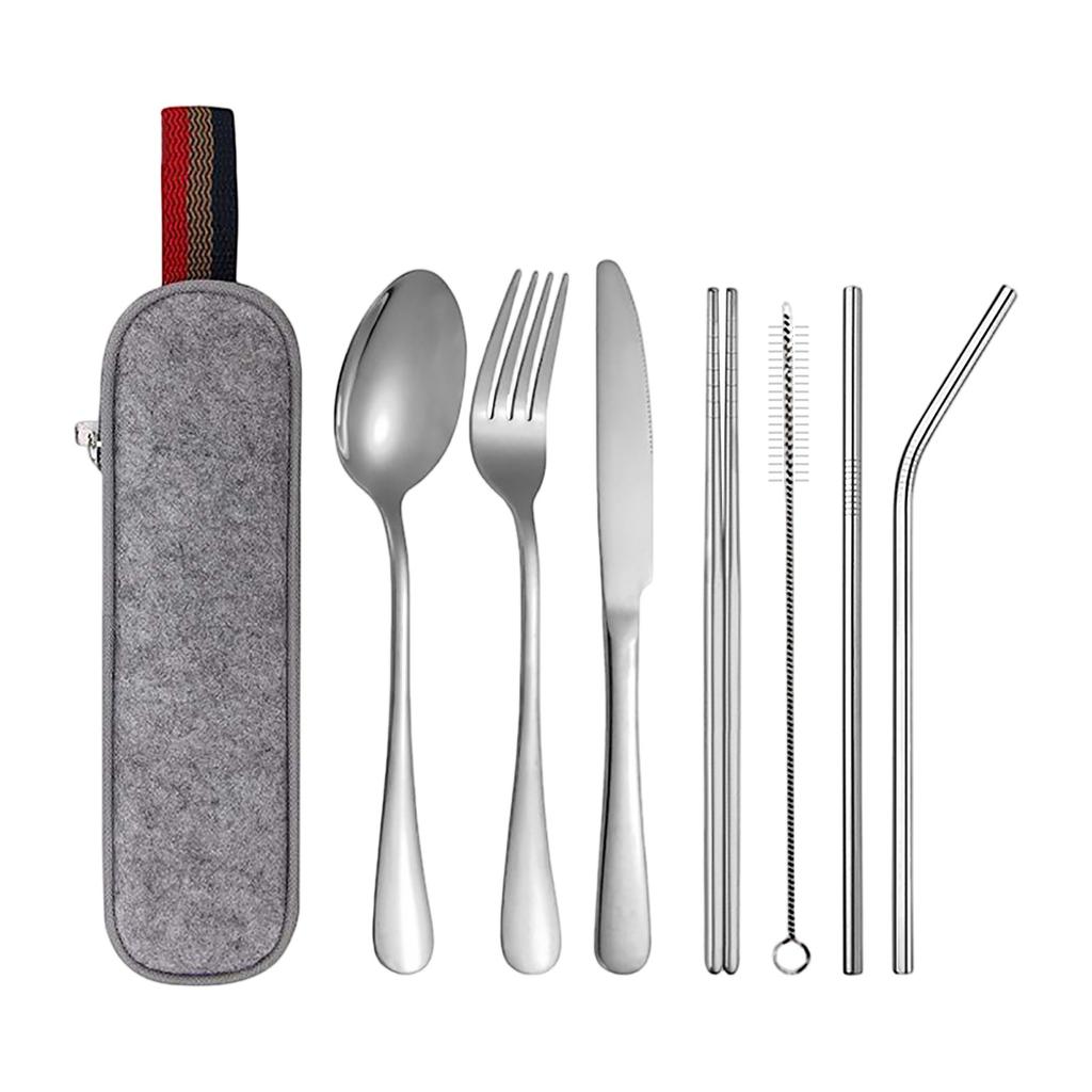 Stainless Steel Tableware Set Straw Knife Fork Spoon Chopsticks Seven-piece Set Outdoor Camping Travel Portable Tableware