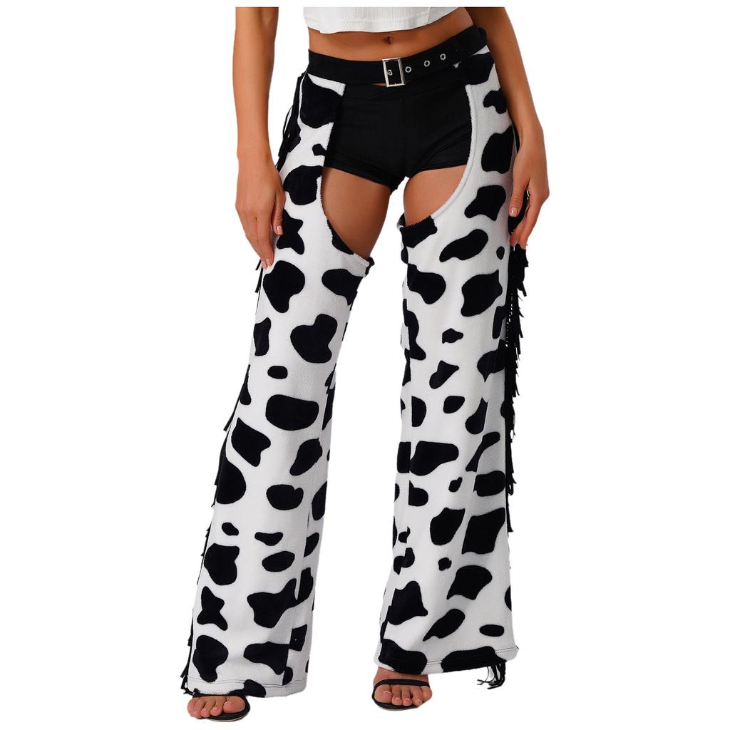Womens Cow Spot Pattern Flannel Long Pants - with Side Tassel, Adjustable Waist, Open Crotch for Biking Riding Cowgirl Chaps Halloween Cosplay