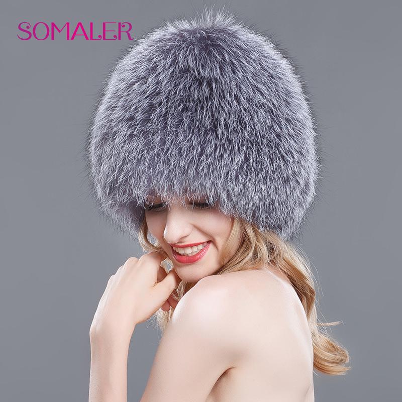 SOMALER Real Full Fox Fur Bomer Caps for Women Winter Knitted Fur Hats Wool Lining Warm Hats Silver Fox Fur Cap