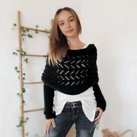 Knitted Cable Wrap Scarf with Sleeves Soft Bohemian Style Shawl Scarf Hollow Crochet Pattern