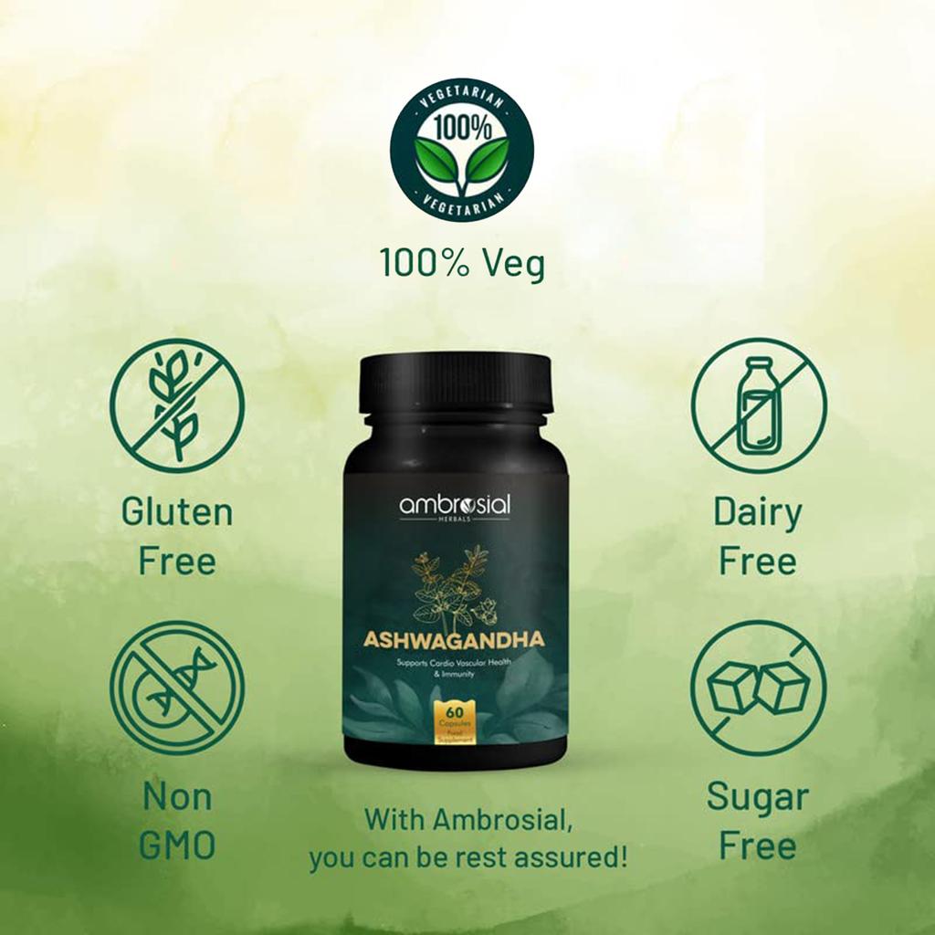 Ambrosial Ashwagandha Capsules 500 мг на капсулу | Высокоэффективный порошок корня ашваганды | Травяная добавка с поддержкой иммунитета (Пакет из 1)
