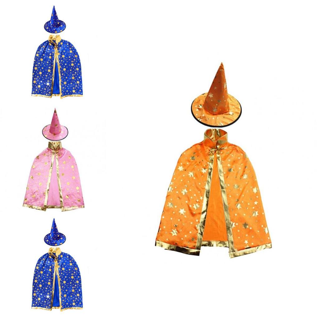 Halloween Cosplay Wizard Cape For Kids With Dazzling Star Pattern And Hat