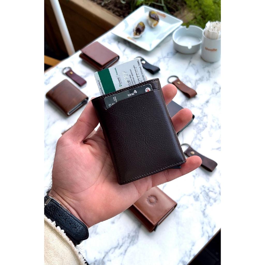 Унисекс черный кошелек из натуральной кожи с механизмом - (Специально для имени) - (Подарок на брелок из натуральной кожи)