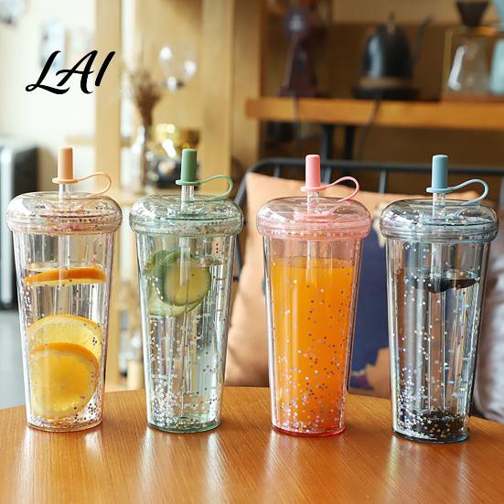 Sealed Lid Tumbler for Women Transparent Straw Cup with Sequins Decor And Leak Proof Large Capacity Iced Coffee Mug Lid Reusable Plastic Sippy