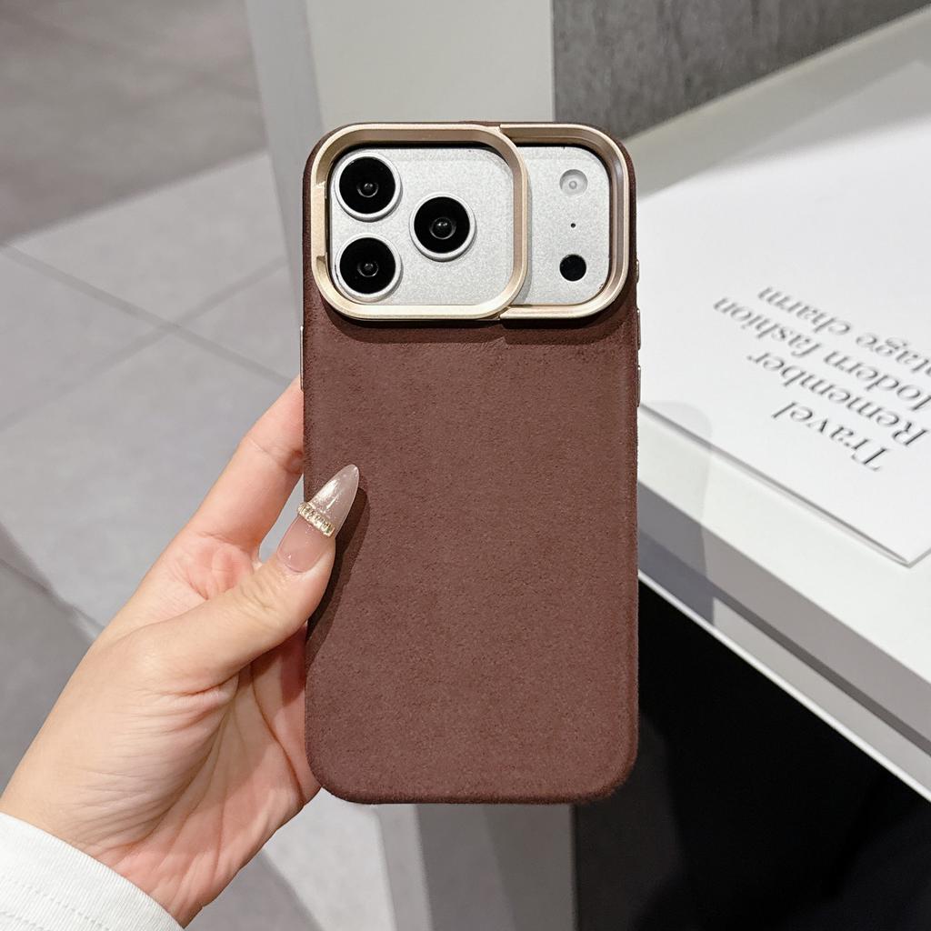 Премиальный Модный Магнитный Чехол с Текстурой Замши Алькантара Для iPhone 17 Pro/16 Pro /15 Pro /14 Pro Max С Подставкой Металлическая Подставка для Камеры