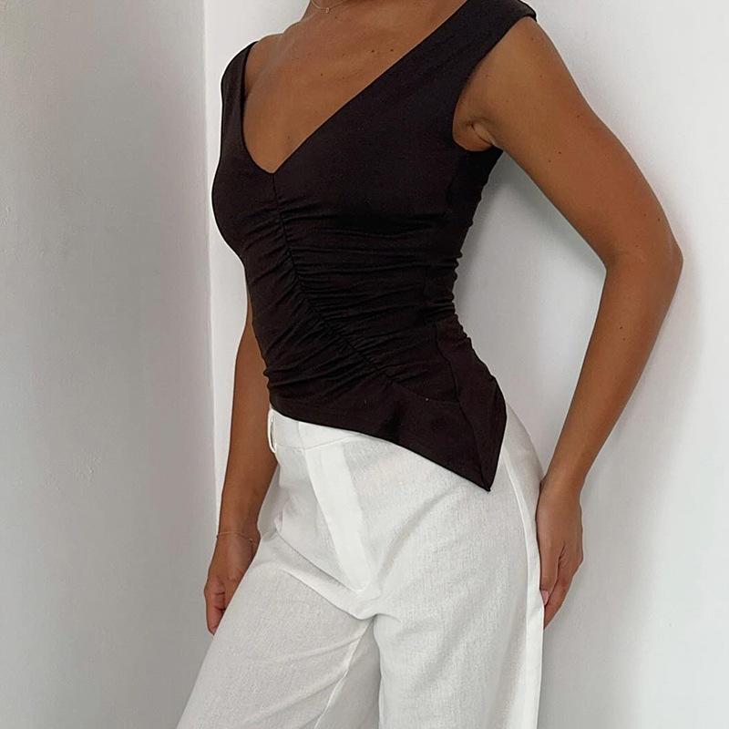 Summer women's solid color V-neck sleeveless pleated irregular sexy slim fit vest