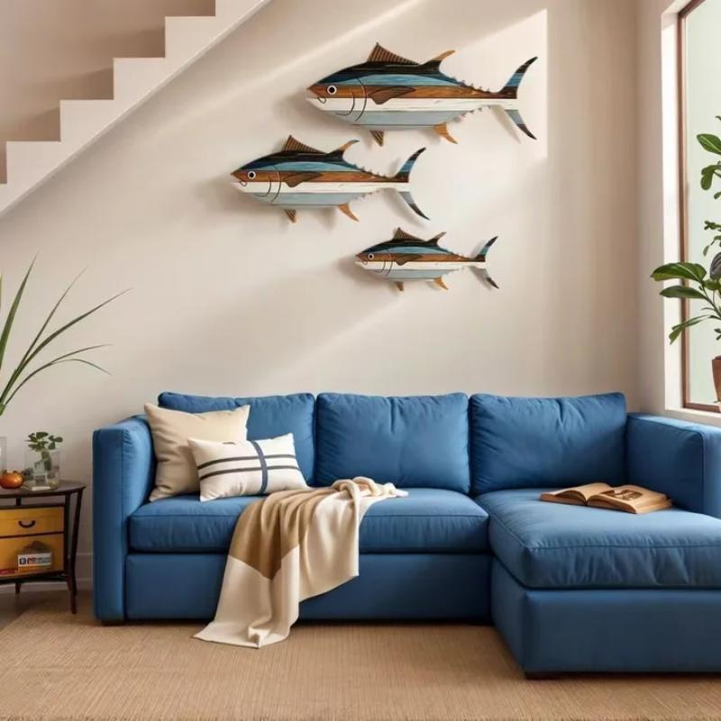 Набор из 3 деревянных настенных украшений в виде тунца, многоразовый, подходит для декора дома, офиса и гостиной.