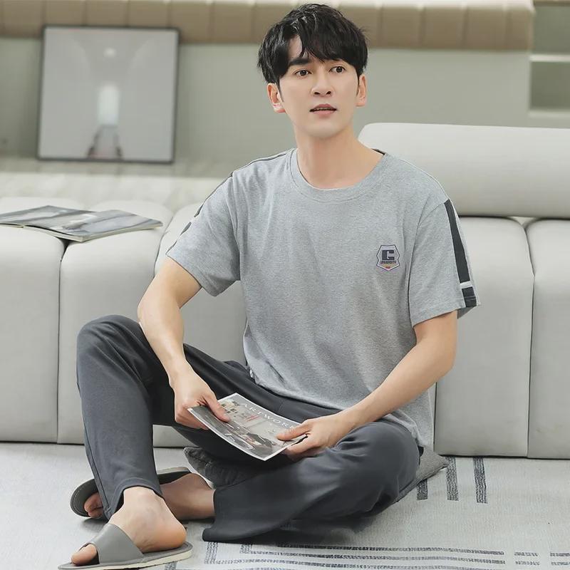 Men's Summer 2023 Cotton Pajama Set - Short-Sleeve Top & Trousers, Loose Fit, Large Sizes