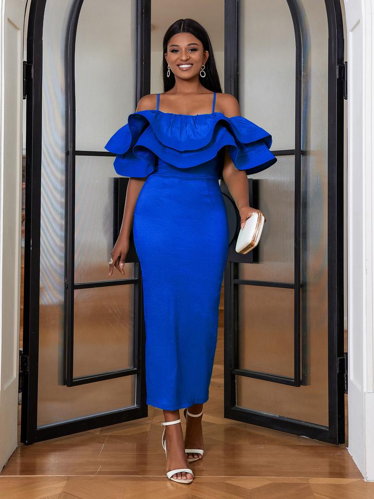 AOMEI Women Party Dress Ruffles Bodycon Sheath Spaghetti Strap Birthday Cold Shoulder Even Dresses