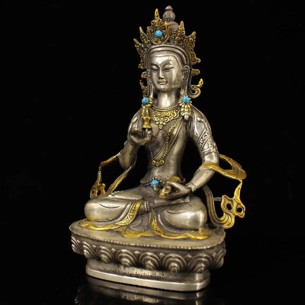 21СМ 21СМ Тибет Ваджрасаттва Посеребренная Бронзовая и Золотая Статуя Будды