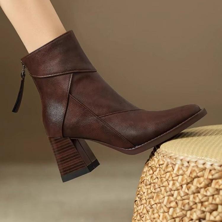 Retro Brown Soft Leather Thick Heel Short Boots Women's 2025 New High Heel Martin Boots British Style Small Square Head Thin Boots