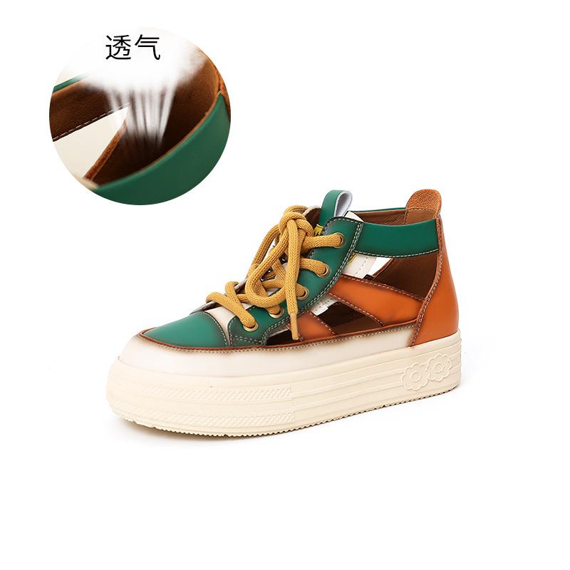 Кожаные сандалии женские 2025 лето новые женские ретро знаменитый стиль контрастный цвет сумка голова сандалии высокий верх полые женские туфли