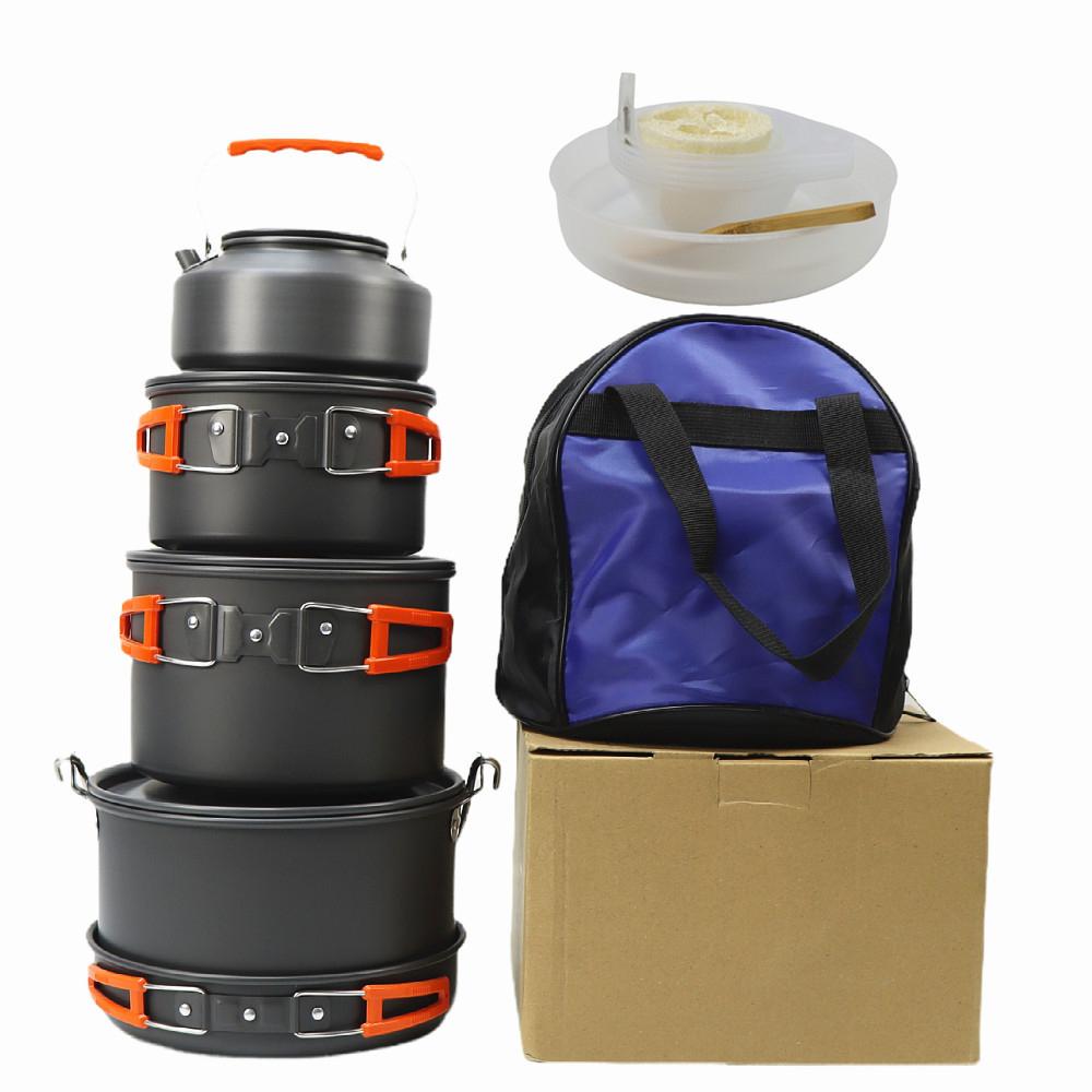 Набор походной посуды, переносная утварь и посуда для использования на открытом воздухе на 5-8 человек, набор алюминиевых кастрюль с чайником для кипячения, сковорода, столовые приборы