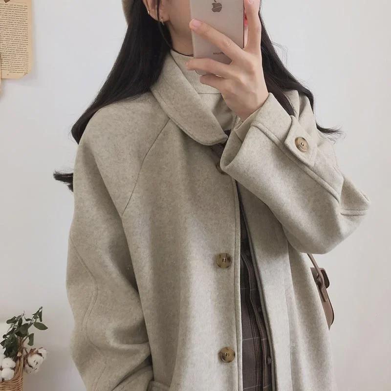 2024 Autumn/Winter Women's Knee-Length Thickened Wool Coat, Loose Slim Fit, Korean Style, Plus Size Available