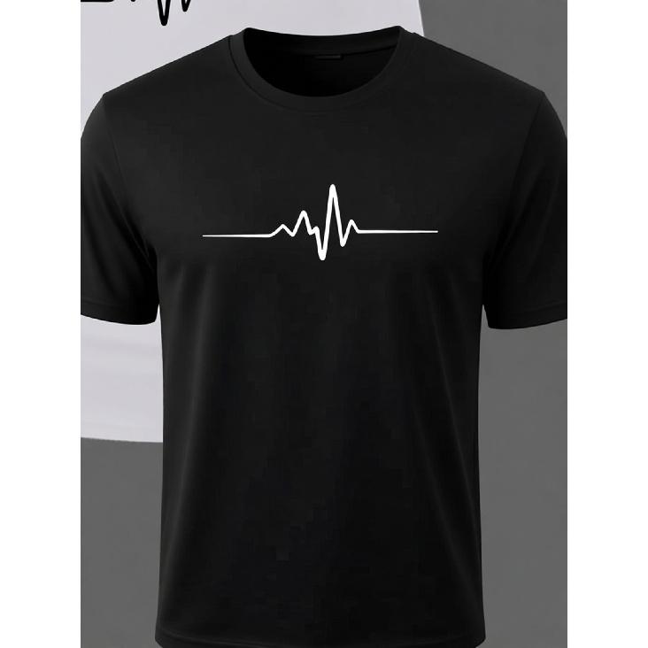 men's black short sleeve t-shirt with white heartbeat line graphic, crew neck, soft cotton blend, relaxed fit, casual daily wear for gym or street
