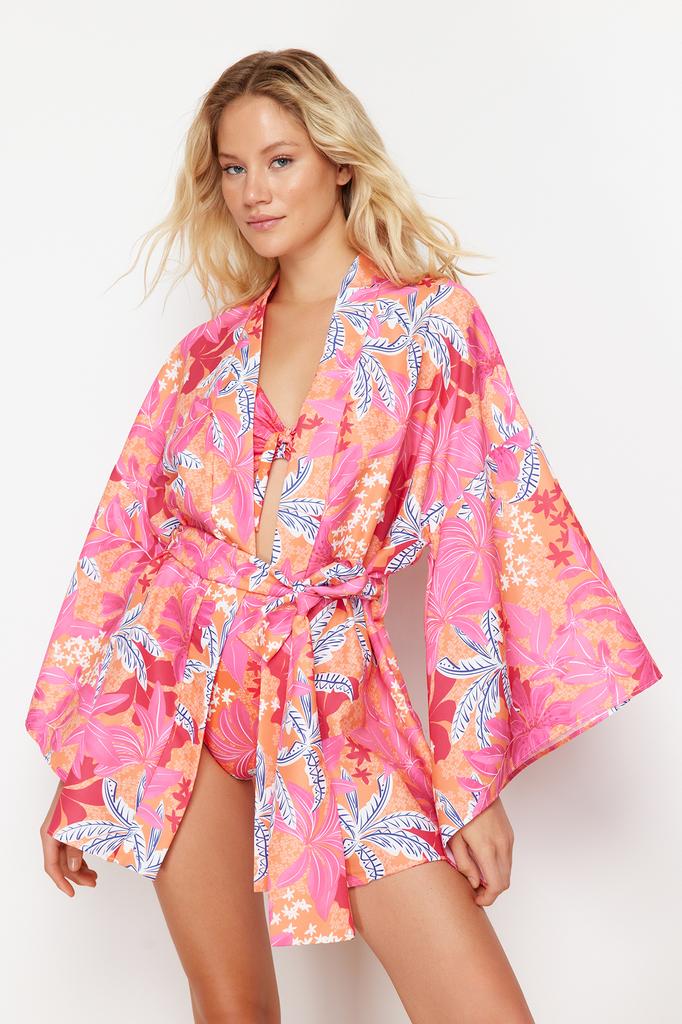 Women's Fashion New Kimono&Kaftan Floral Pattern Belted Mini Woven KimonoKaftan