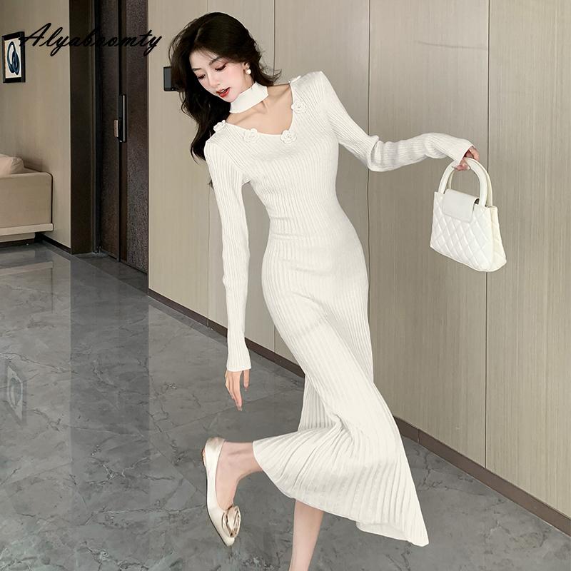 Платье-свитер миди во французском стиле осень-зима розовое черное красное фиолетовое бежевое цветочное трикотажное женственное платье элегантное милое женское трикотажное платье