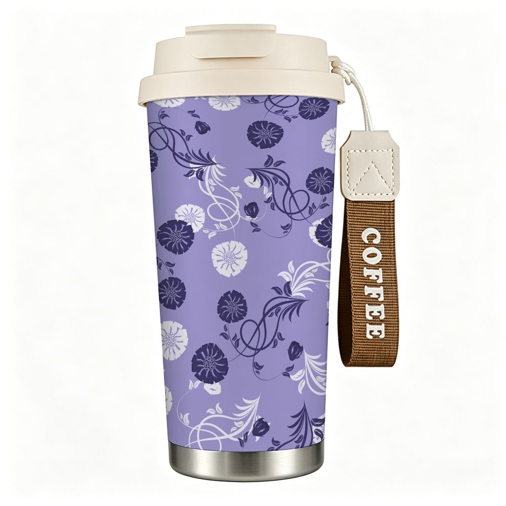 Floral Purple Aesthetic Print Insulated Coffee Tumbler Stainless Steel Vacuum Travel Mug,Reusable Leakproof Thermal Cup for Office School Gift