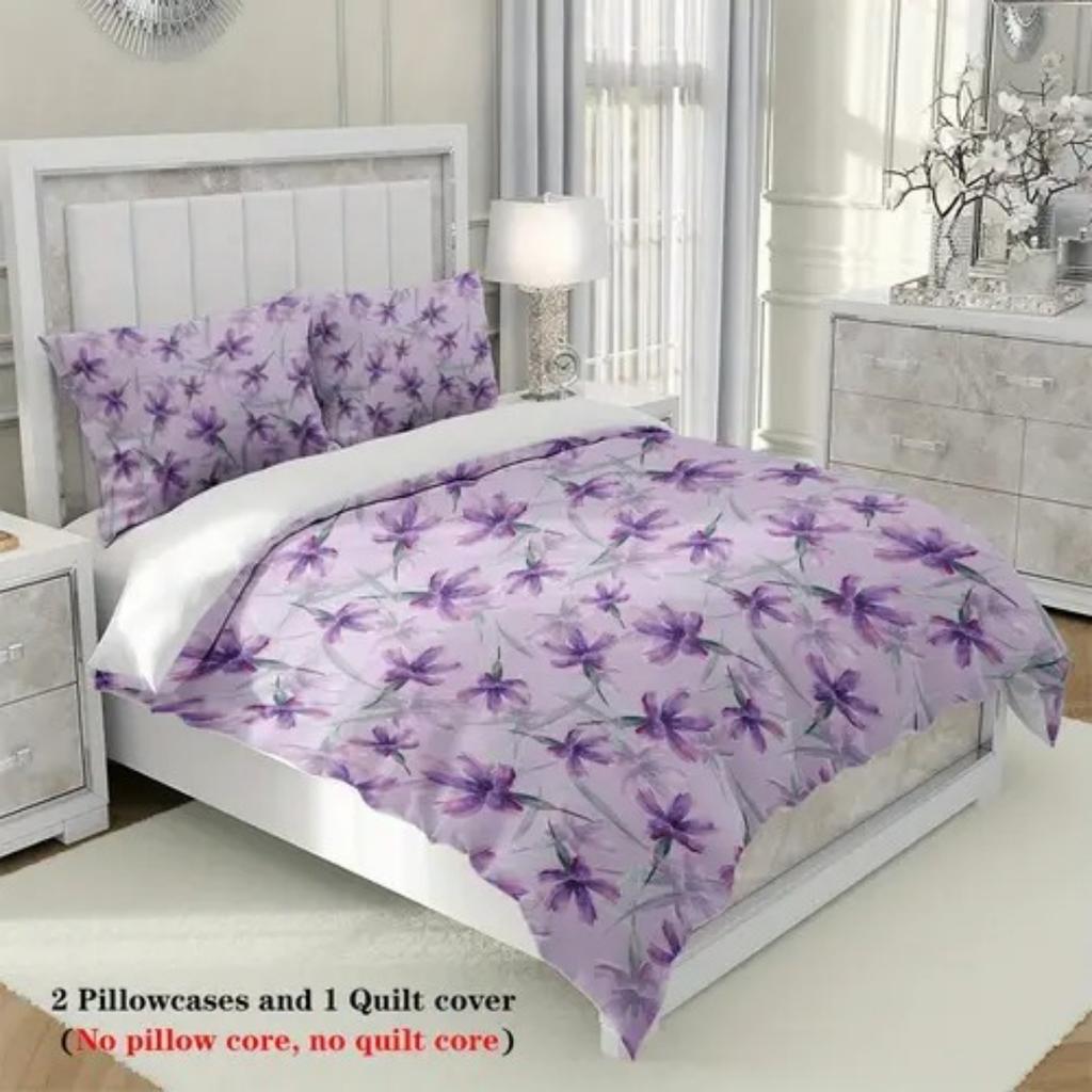 Пододеяльник с узором из фиолетовых цветов в стиле легкой роскоши, размер Queen King, 3D-печать, мягкое и удобное постельное белье, комплект из 3 предметов