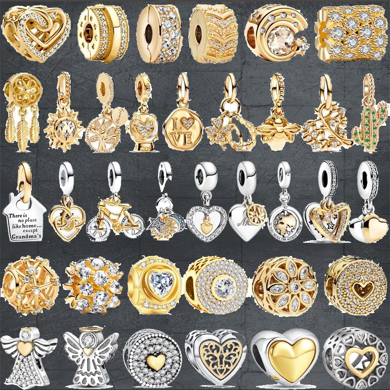 Медь 925 пробы Золотое Сердце Любви Четырехлистный Клевер Ангел Солнце Дерево Перья DIY Бусины Подходят для Оригинального Шарм-браслета Pantaro Мелкий Циркон