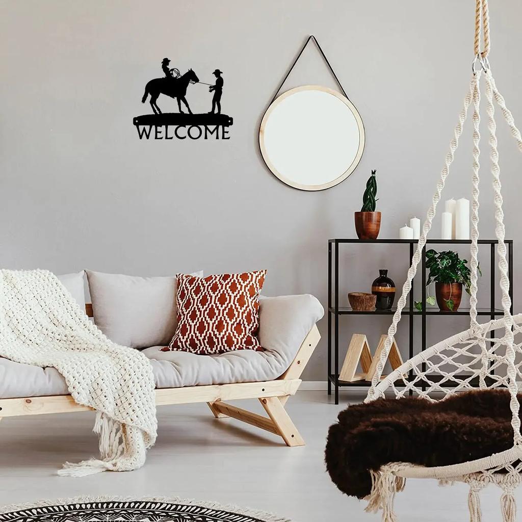 Fine Catch - Cowboy & Cowgirl Welcome Sign - 12 Inch Wide Metal Wall Art - Rustic Western Charm for Home Entrances