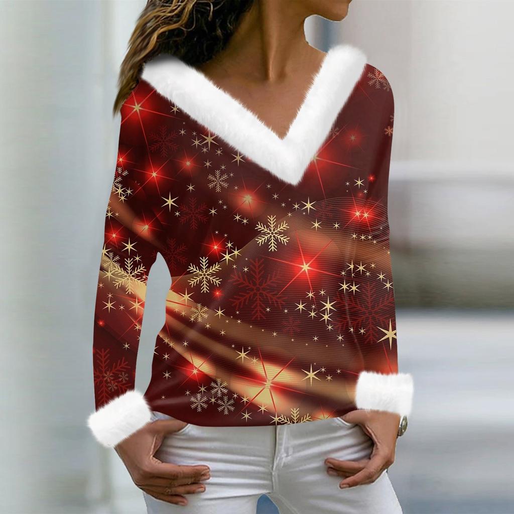 Женская мода с длинным рукавом и рождественским принтом для вечеринки, плюшевый топ с v-образным вырезом