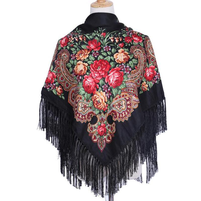 90*90cm Enthic Style Russian Women's Square Scarf Shawl Retro National Fringed Print Scarves Winter Ladies Head Wraps