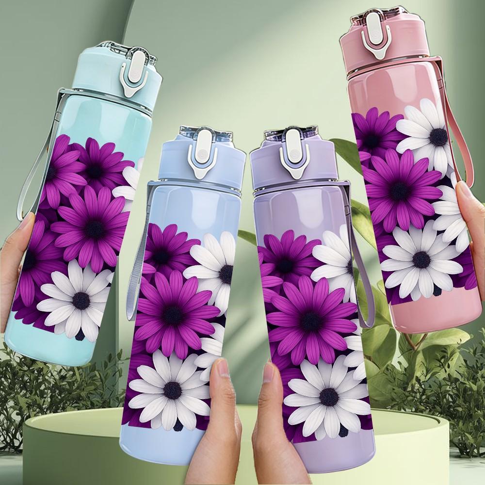 1PC Purple White Daisy Flower Bouquet 750ml Color Plastic Sports Water Bottle Leakproof Flip Straw Lid Suitable for Sports Office Home Use