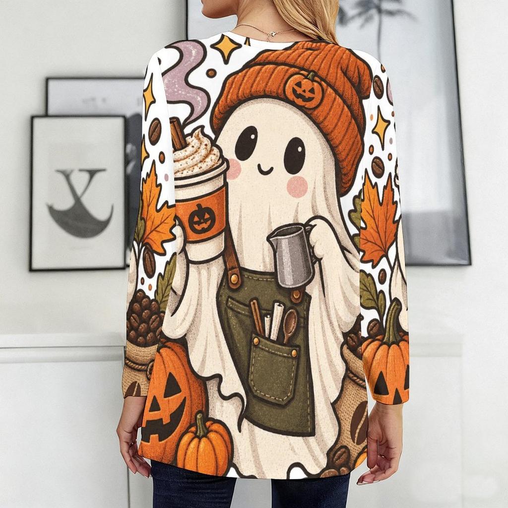 Women Plus Size Round Neck Long Sleeve Loose Longline T Shirt With Pockets Halloween Moon Pumpkin Print