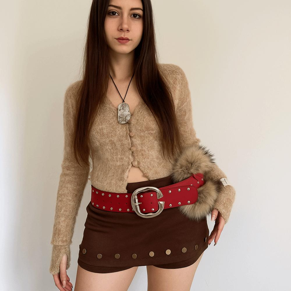 Rivet Leather Fur Belt Faux Fur Plush Belt Vintage Y2K Waistband Spicy Girl
