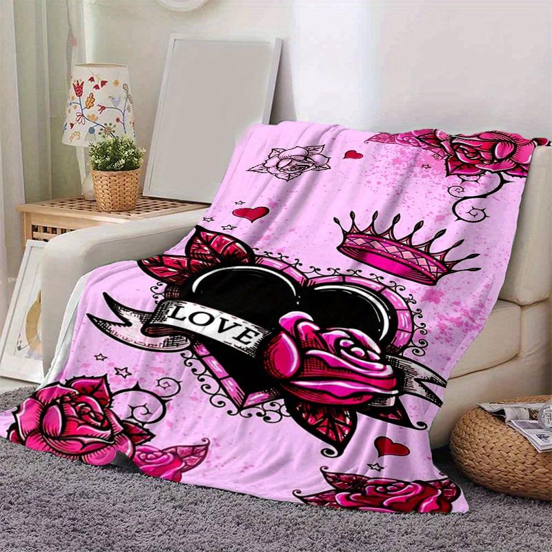 1pc. Pink Roses & Crown Heart Love Home Office Outdoor Blanket