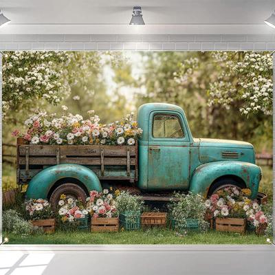 LS Photography Background Spring Easter Colorful Egg Blue Cart Flower Basket Door Kids Family Portrait Backdrop Decor